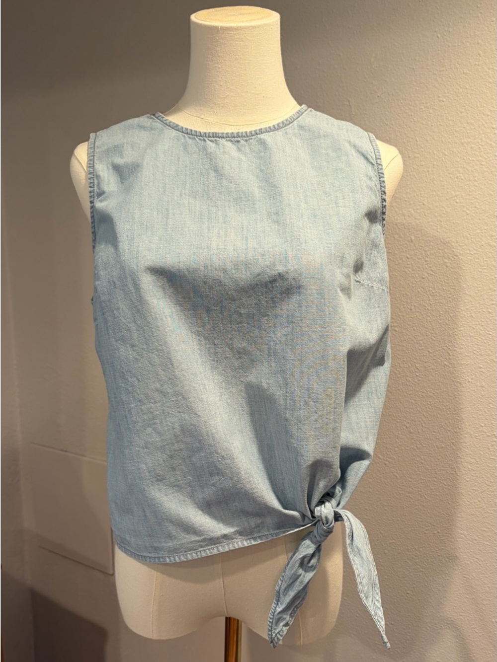 J. Crew Tie Front Chambray Sleeveless Top, Denim Shirt, East Coast Classic look